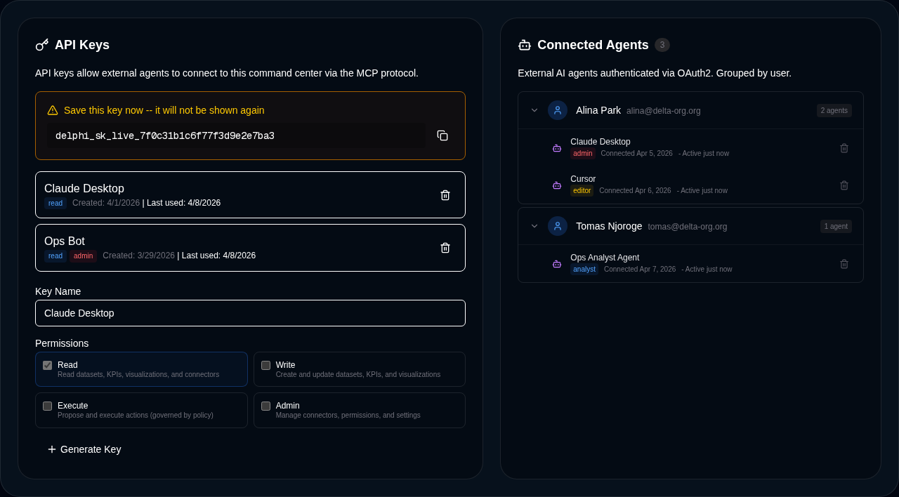 Screenshot of Delphi API keys and connected MCP agents